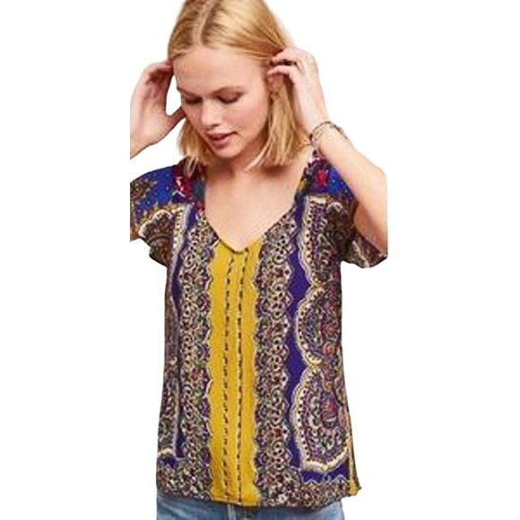 Anthropologie Moulinette Soeurs Teresita Scarf Printed Blouse Shirt Tunic Sz 4 - Picture 4 of 8